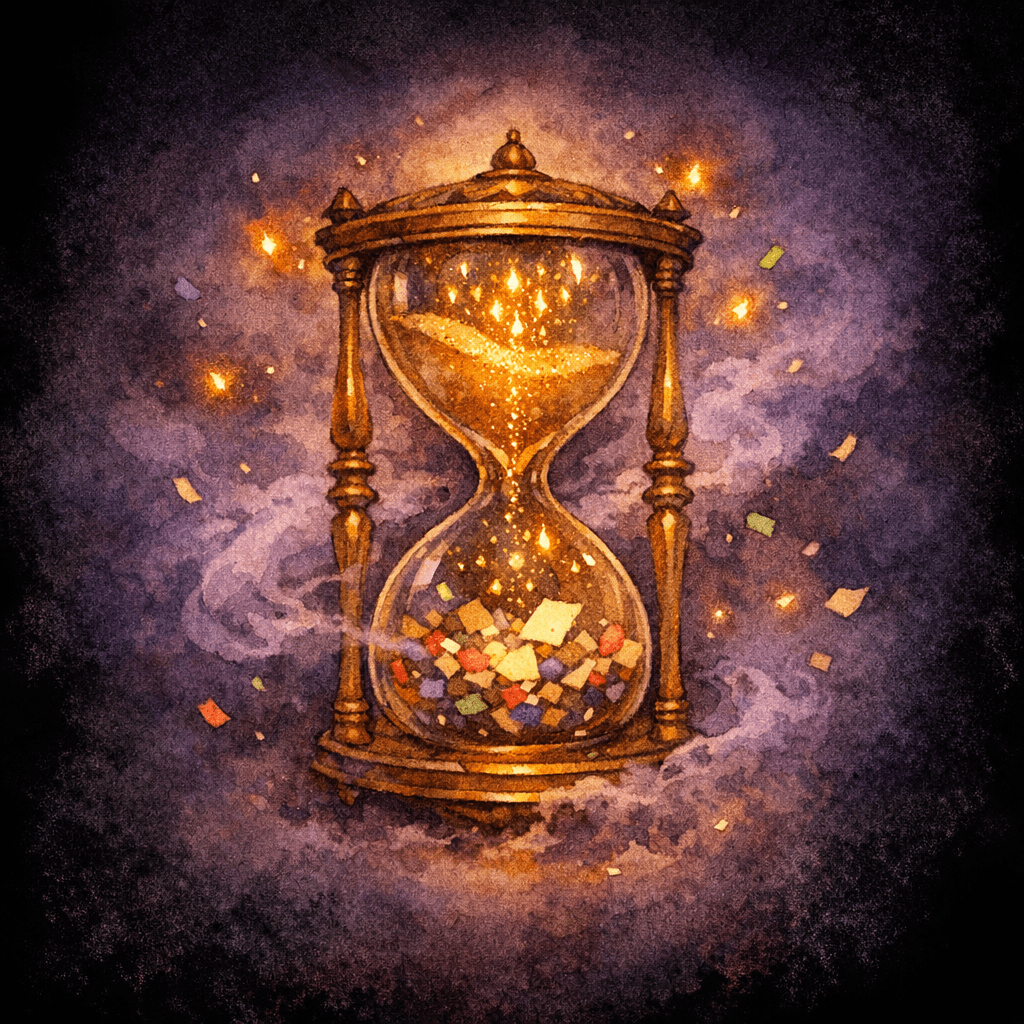 An antique hourglass whose sand falls as golden sparks collecting as confetti below