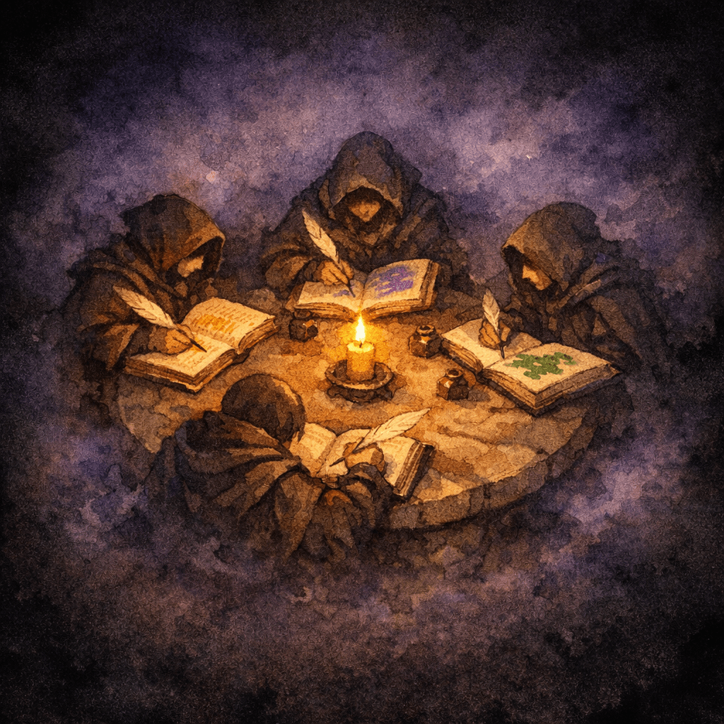 Four candlelit silhouettes at a round table, each writing in a different inked tome