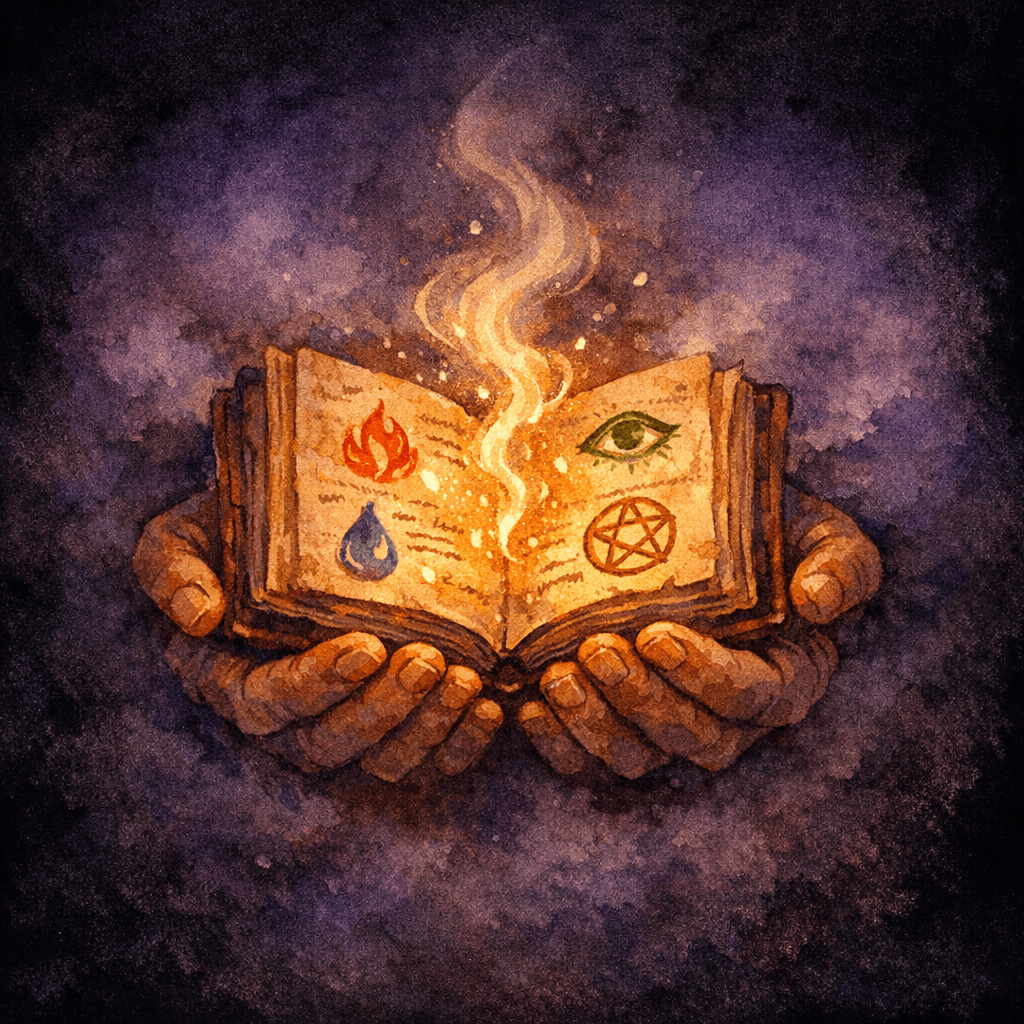Two hands cupping an open leather spellbook whose pages glow warm amber
