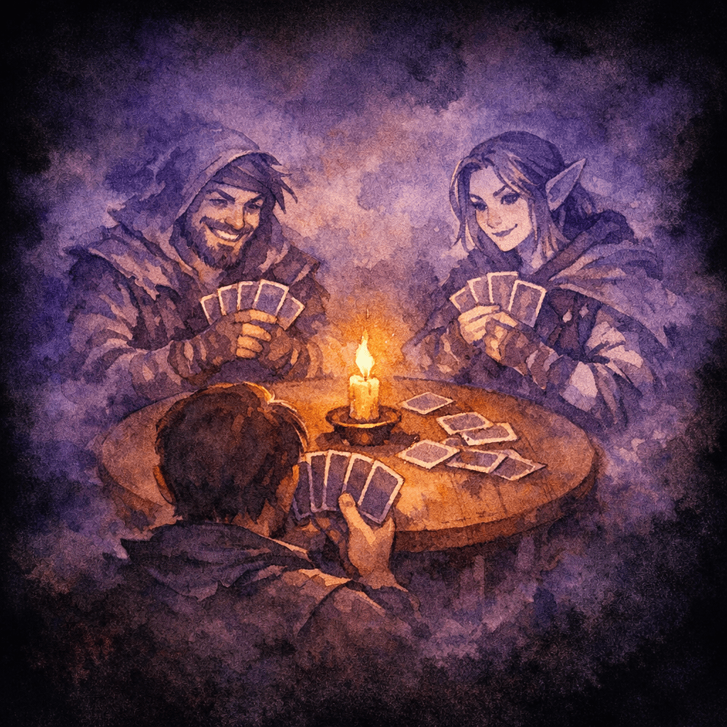One adventurer at a candlelit table with two translucent watercolour companions seated across