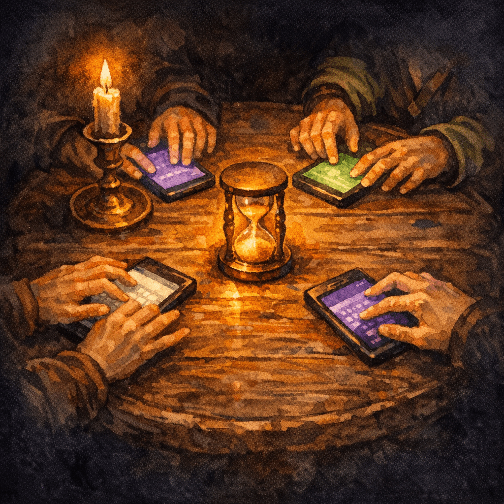 Overhead view of a tavern table with five hands typing on glowing phones around a falling hourglass