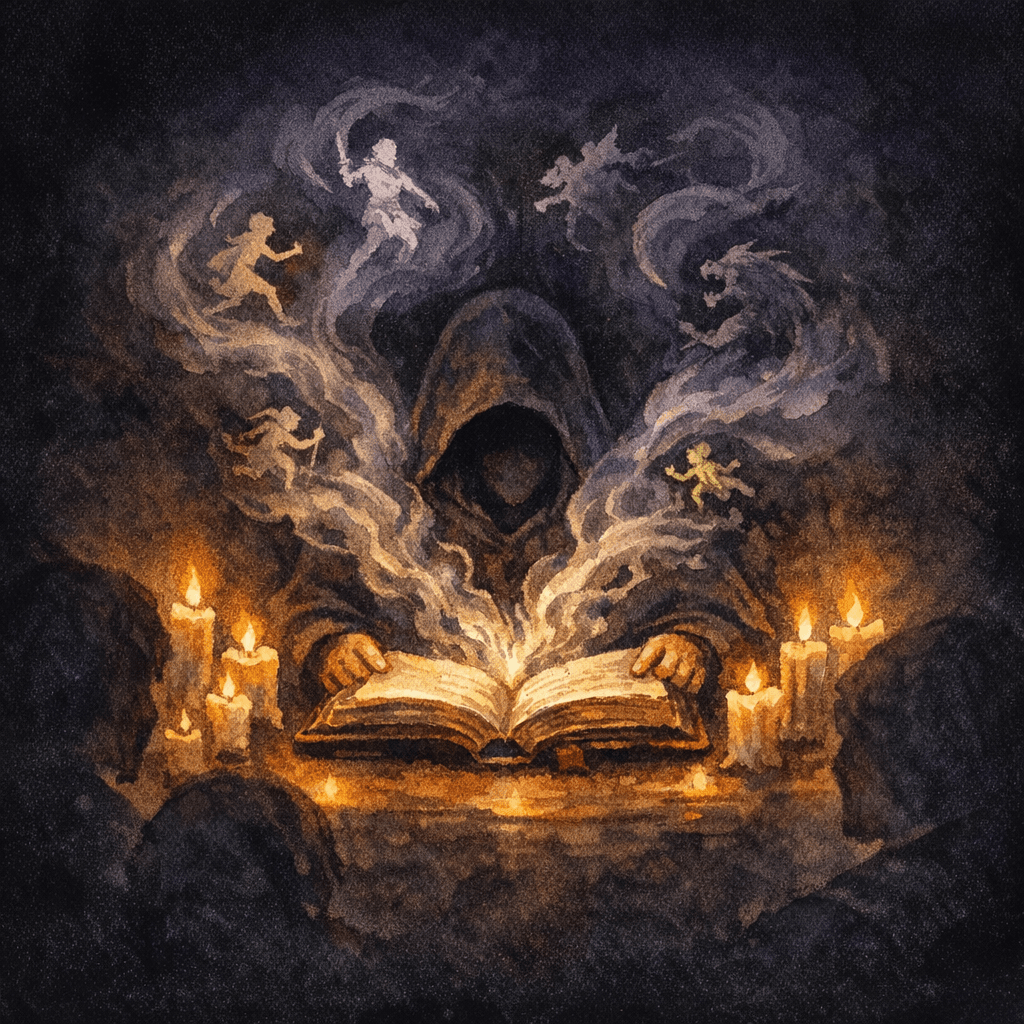 A hooded dungeon master reading from an open tome with story-characters curling out of the pages like inked smoke