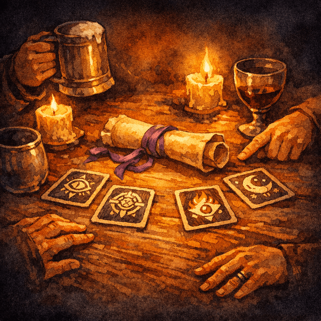 A warm tavern table of flipped goal cards, tankards, and a half-unrolled tied scroll — the reveal moment
