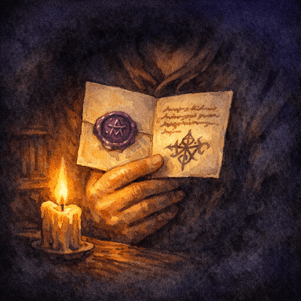 A hand cradling a small sealed parchment card by candlelight — the secret goal held close to the chest