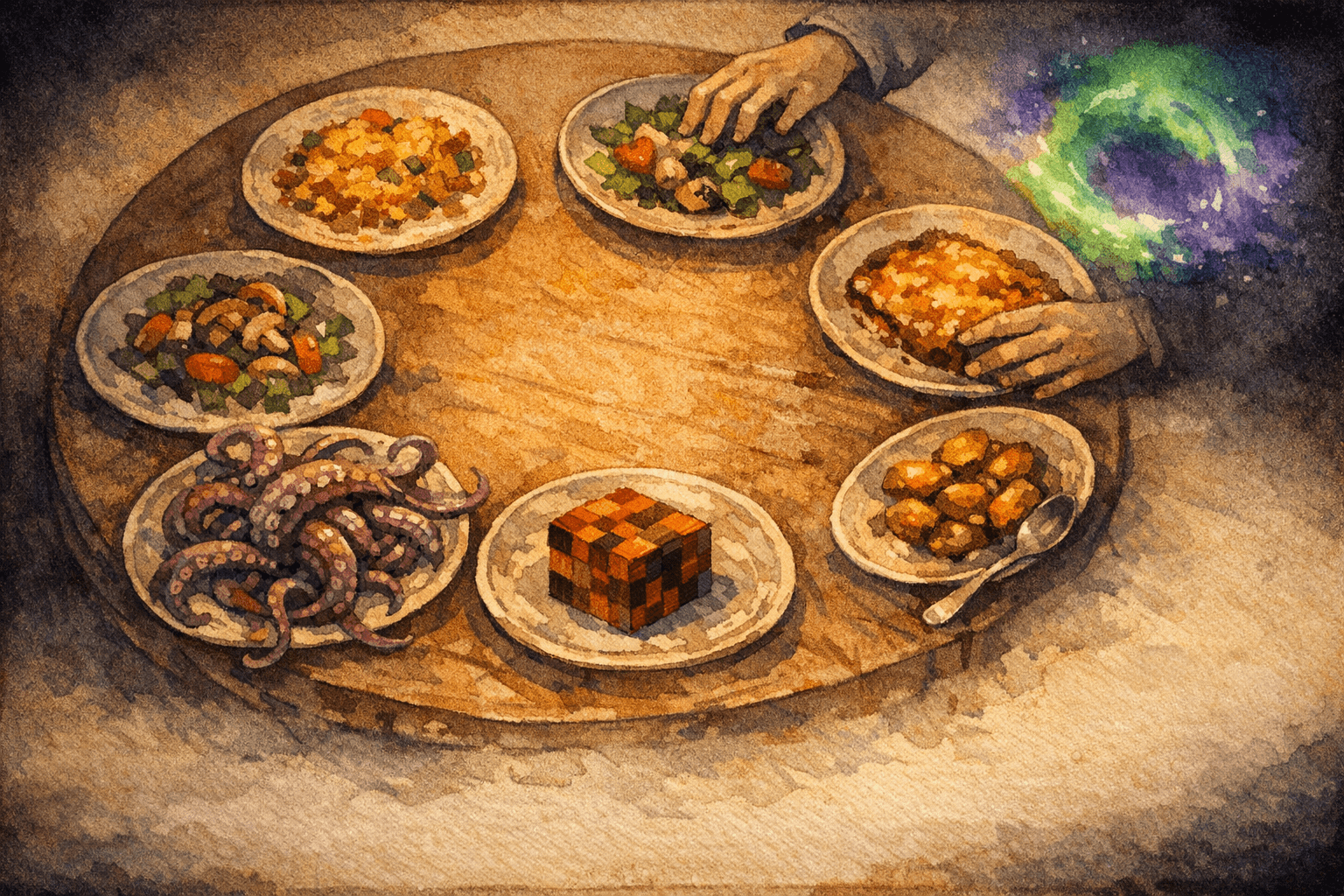 Watercolour illustration for The Interdimensional Potluck