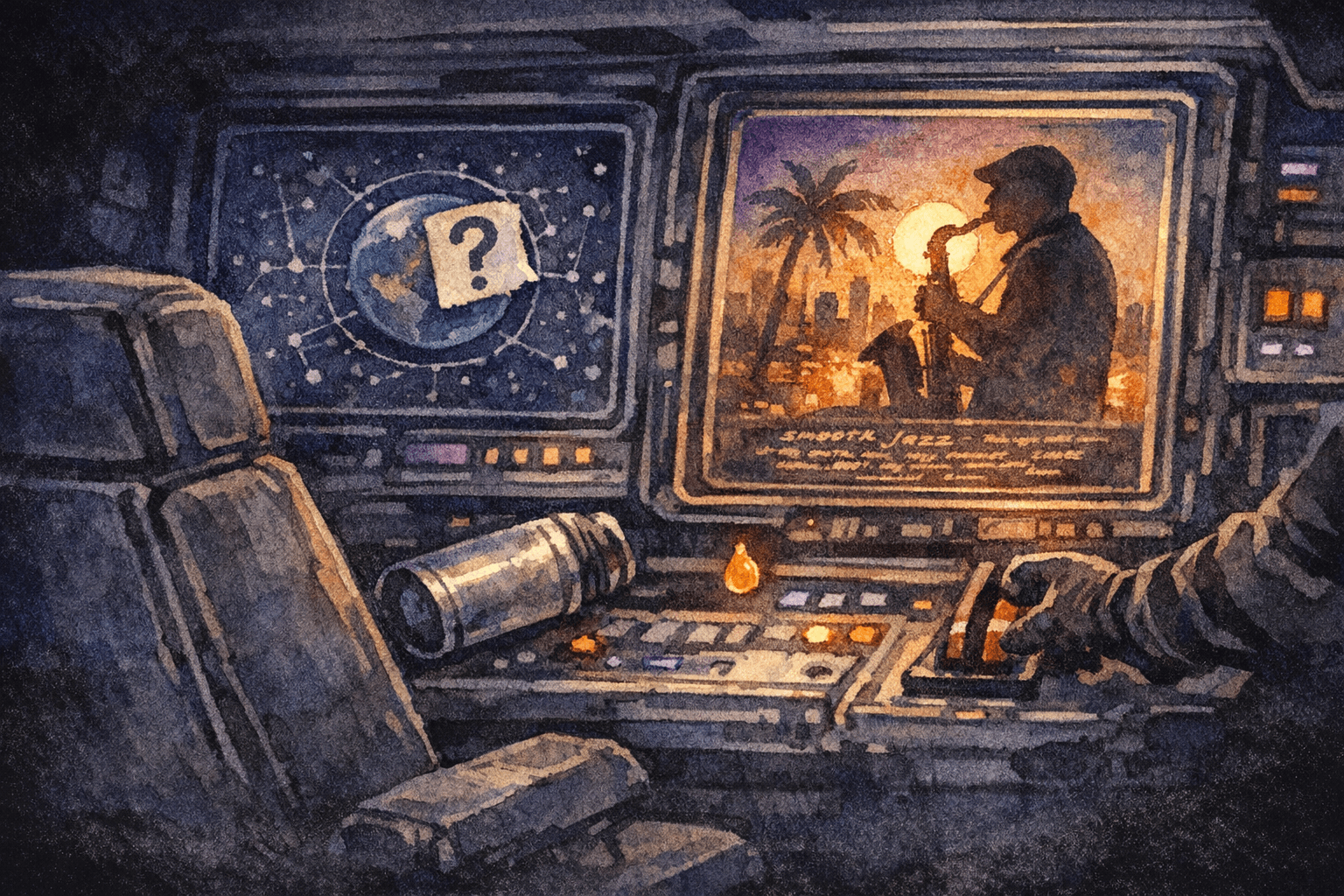 Watercolour illustration for Space Station Mutiny